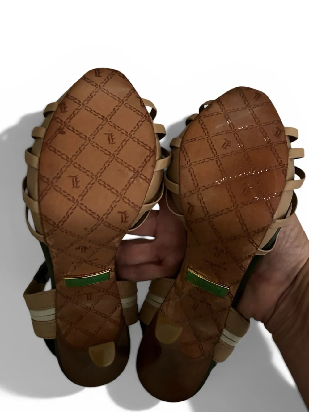 L.A.M.B. Zada Stiletto Cage Ankle Strappy High Heels Size 7.5 Green Tan Leather